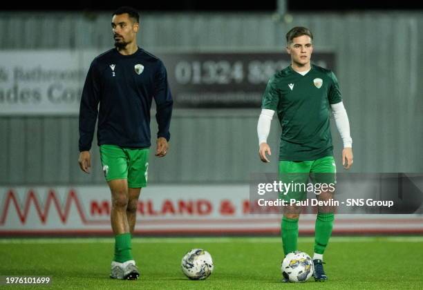 Josh Pask and Josh Daniels warm up before an SPFL Trust Trophy semi-final match between Falkirk and The New Saints at the Falkirk Stadium, on...