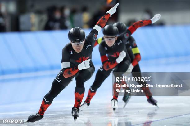 Team Canada competes in the Team Sprint Men Juniors race on day one of the ISU Junior World Cup Speed Skating at YS Arena Hachinohe on February 03,...