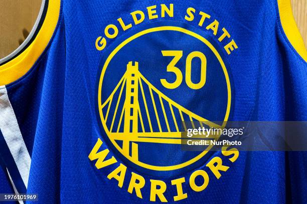 Golden State Warriors logo on a jersey is seen in this illustration photo taken at a store in Krakow, Poland on February 2, 2024.