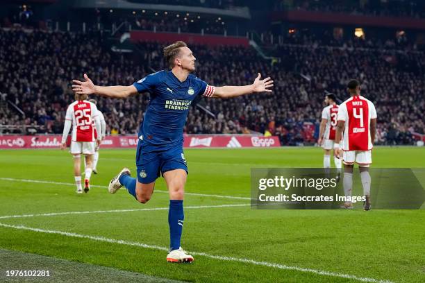 Luuk de Jong of PSV celebrates 1-1 during the Dutch Eredivisie match between Ajax v PSV at the Johan Cruijff Arena on February 3, 2024 in Amsterdam...