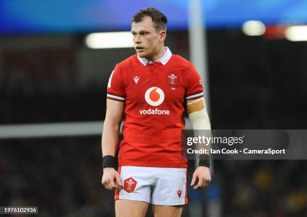 Wales Nick Tompkins in action during the Guinness Six Nations 2024 match between Wales and Scotland at Principality Stadium on February 3, 2024 in...