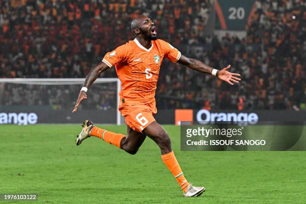 Ivory Coast's midfielder Seko Fofana celebrates after the team's second goal during the Africa Cup of Nations 2024 quarter-final football match...