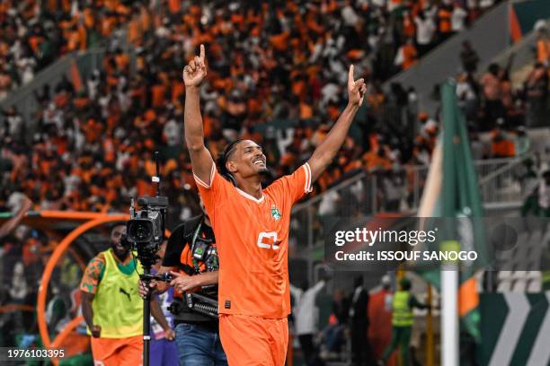 Ivory Coast's forward Sebastien Haller celebrates after the team's second goal during the Africa Cup of Nations 2024 quarter-final football match...