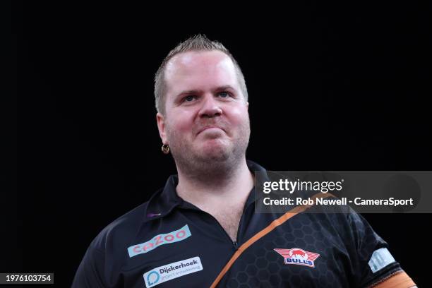 Dirk van Duijvenbode during his Second Round match against Nathan Aspinall at Marshall Arena on February 3, 2024 in Milton Keynes, England.