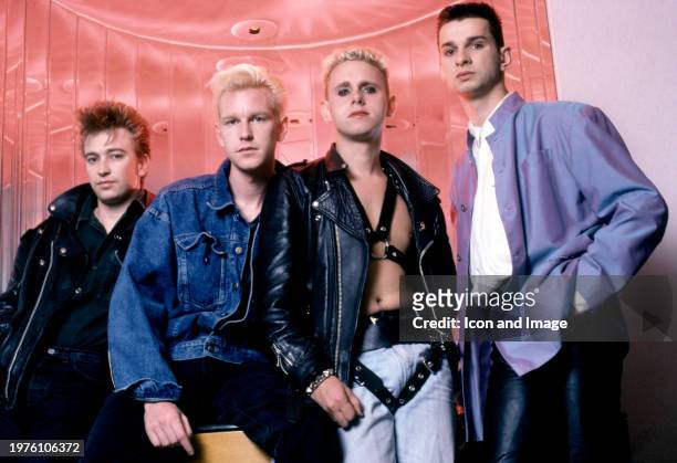 English musicians Alan Wilder, Andy Fletcher , Martin Gore and Dave Gahan, of the English electronic music band Depeche Mode, pose for a group...