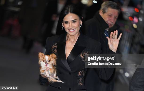 Demi Moore and dog, Pilaf arrive at 'The Late Show With Stephen Colbert' at the Ed Sullivan Theater on January 31, 2024 in New York City.