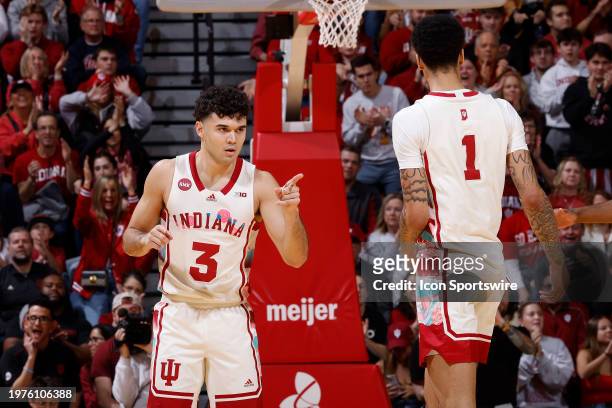 Indiana Hoosiers guard Anthony Leal reacts during a college basketball game against the Penn State Nittany Lions on February 3, 2024 at Simon Skjodt...