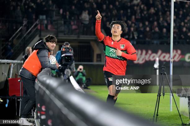 Koki Ogawa of NEC Nijmegen celebrates the 2-1 during the Dutch Eredivisie match between NEC Nijmegen and Heracles Almelo in De Goffert on February 3,...