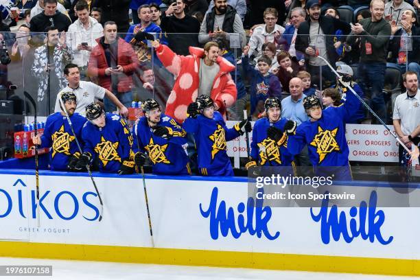 Team Matthews bench celebrate a goal during the second game of the 2024 NHL All-Star game at Scotiabank Arena on February 03, 2024 in Toronto,...