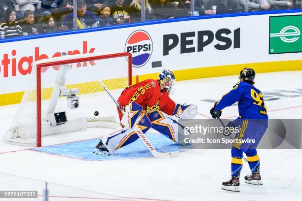 Detroit Red Wings Right Wing Alex DeBrincat scores past Los Angeles Kings Goalie Cam Talbot during the second game of the 2024 NHL All-Star game at...