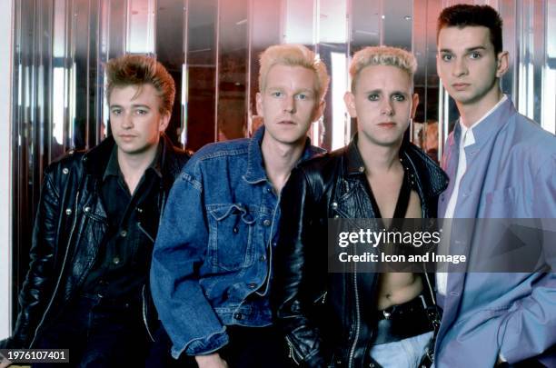 English musicians Alan Wilder, Andy Fletcher , Martin Gore and Dave Gahan, of the English electronic music band Depeche Mode, pose for a group...