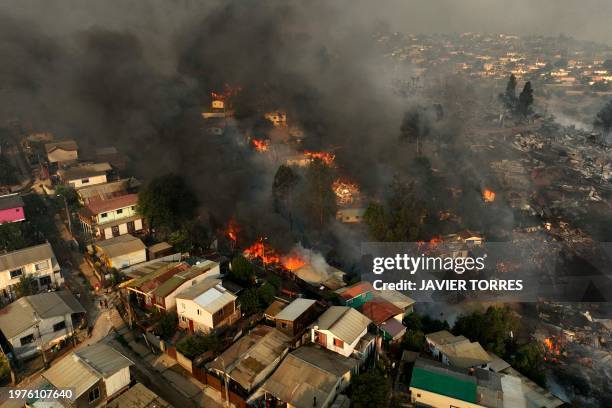 Aerial view of the forest fire that affects the hills of the city of Viña del Mar in the Las Pataguas sector, Chile, taken on February 3, 2024. The...