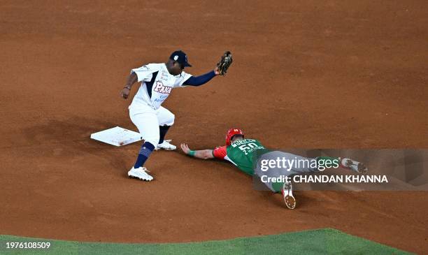 Mexico's infielder Agustin Murillo Pineda dives to second base during the Caribbean Series baseball game between Mexico and Panama at LoanDepot Park...