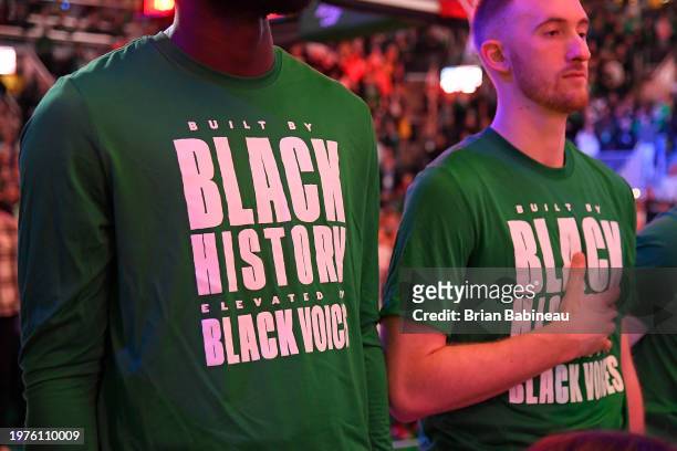 The Boston Celtics warm up shirts before the game against the Los Angeles Lakers on February 1, 2024 at the TD Garden in Boston, Massachusetts. NOTE...