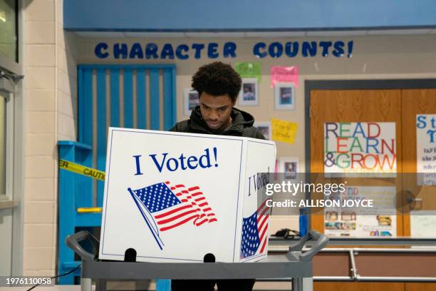 Person casts their vote in the Democratic Presidential Primary at a polling station on February 3, 2024 in West Columbia, South Carolina. President...