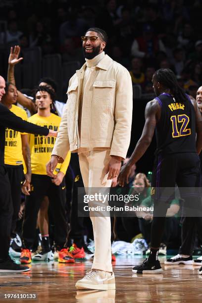 Anthony Davis of the Los Angeles Lakers smiles during the game against the Boston Celtics on February 1, 2024 at the TD Garden in Boston,...