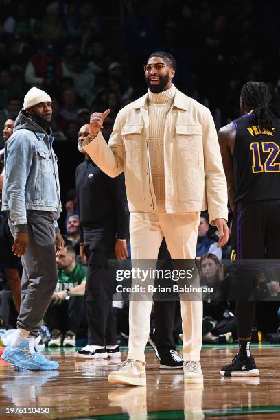 Anthony Davis of the Los Angeles Lakers smiles during the game against the Boston Celtics on February 1, 2024 at the TD Garden in Boston,...
