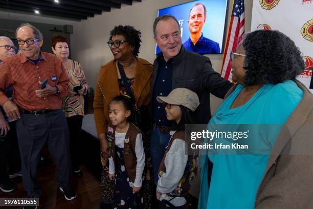 Senate Candidate Rep. Adam Schiff, in black jacket, campaigns at Long Beach Firefighters Association Local 372 hall., Signal Hills, CA.