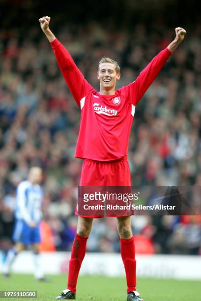 December 3: Peter Crouch of Liverpool celebrates during the Premier League match between Liverpool and Wigan Athletic at Anfield on December 3, 2005...