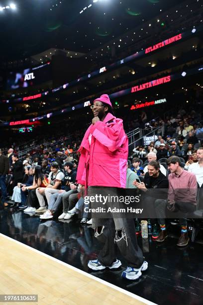 Chainz looks on before the game between the Golden State Warriors and Atlanta Hawks on February 3, 2024 at State Farm Arena in Atlanta, Georgia. NOTE...