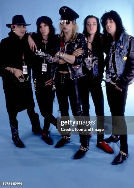 American musicians Greg Steele, Mark Michals, Taime Downe, Brent Muscat and Eric Stacy, of the American glam metal band Faster Pussycat, pose for a...