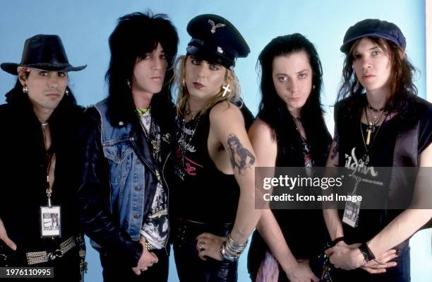 American musicians Greg Steele, Eric Stacy, Taime Downe, Brent Muscat and Mark Michals, of the American glam metal band Faster Pussycat, pose for a...