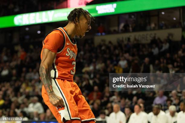 Judah Mintz of the Syracuse Orange reacts after a dunk during the first half against the Wake Forest Demon Deacons at Lawrence Joel Veterans Memorial...