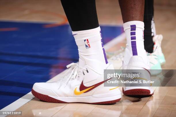 The sneakers worn by LeBron James of the Los Angeles Lakers during the game against the New York Knicks on February 3, 2024 at Madison Square Garden...