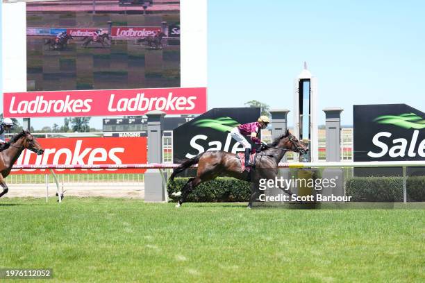 Miss Black Diamond ridden by Jordan Childs wins the Carlton Draught Maiden Plate at Sale Racecourse on February 04, 2024 in Sale, Australia.