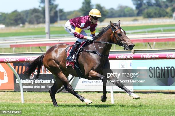 Miss Black Diamond ridden by Jordan Childs wins the Carlton Draught Maiden Plate at Sale Racecourse on February 04, 2024 in Sale, Australia.