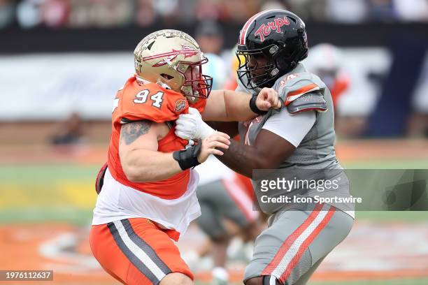 American offensive lineman Delmar Glaze of Maryland during the the 2024 Reese's Senior Bowl on February 3, 2024 at Hancock Whitney Stadium in Mobile,...