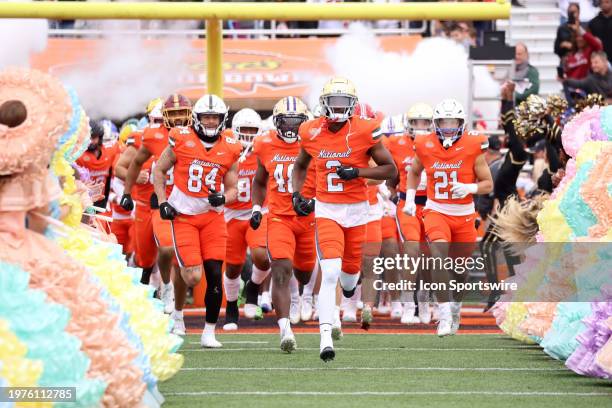 National defensive back Cam Hart of Notre Dame leads the American team of for the the 2024 Reese's Senior Bowl on February 3, 2024 at Hancock Whitney...