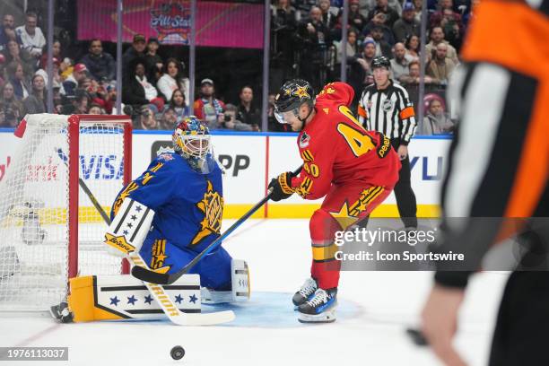 New York Rangers goalie Igor Shesterkin makes the shootout save on Vancouver Canucks forward Elias Pettersson during the 2024 NHL All Star game on...