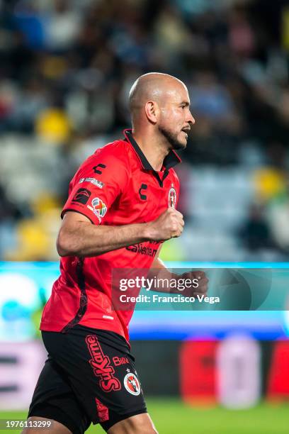 Carlos Gonzalez of Tijuana celebrates after scoring the team's second goal during the 5th round match between Pachuca and Tijuana as part of the...