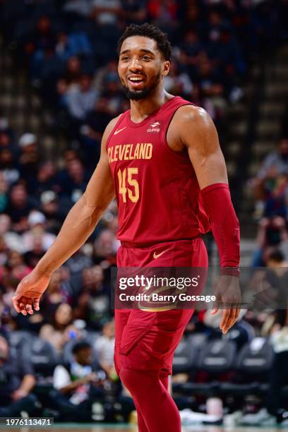 Donovan Mitchell of the Cleveland Cavaliers smiles during the game against the San Antonio Spurs on February 3, 2024 at the Frost Bank Center in San...