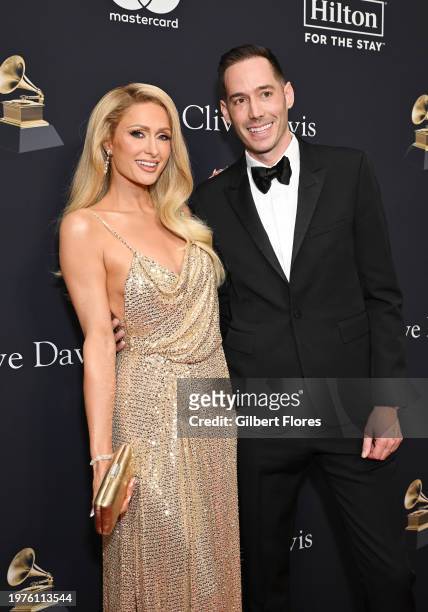 Paris Hilton and Carter Reum at the Pre-GRAMMY Gala held at The Beverly Hilton on February 3, 2024 in Los Angeles, California.