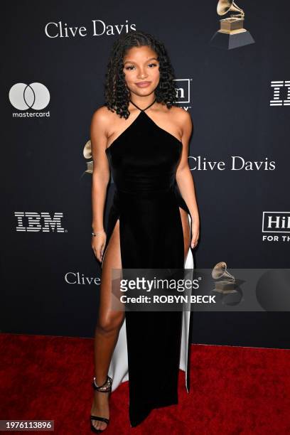 Singer Halle Bailey arrives for the Recording Academy and Clive Davis' Salute To Industry Icons pre-Grammy gala at the Beverly Hilton hotel in...