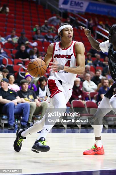 Hampton of the Sioux Falls Skyforce handles the ball against the Iowa Wolves during an NBA G-League game on February 3, 2024 at the Wells Fargo Arena...