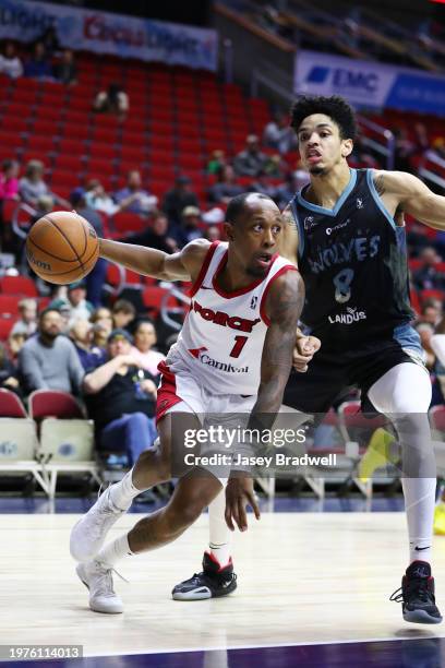 Jamaree Bouyea of the Sioux Falls Skyforce handles the ball against the Iowa Wolves during an NBA G-League game on February 3, 2024 at the Wells...