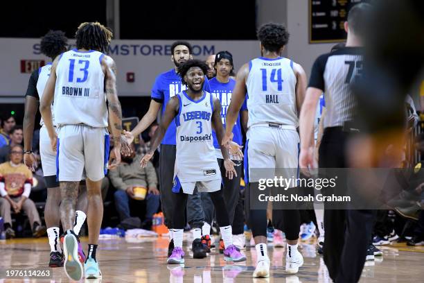 Jordan "Jelly" Walker of the Texas Legends celebrates against the Santa Cruz Warriors during the NBA G-League game on February 3, 2024 at the Kaiser...