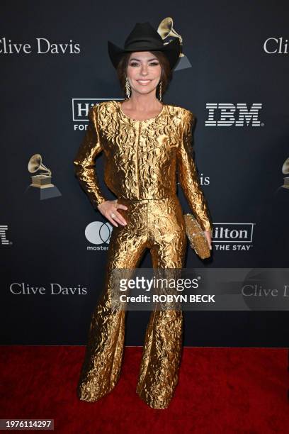Singer Shania Twain arrives for the Recording Academy and Clive Davis' Salute To Industry Icons pre-Grammy gala at the Beverly Hilton hotel in...