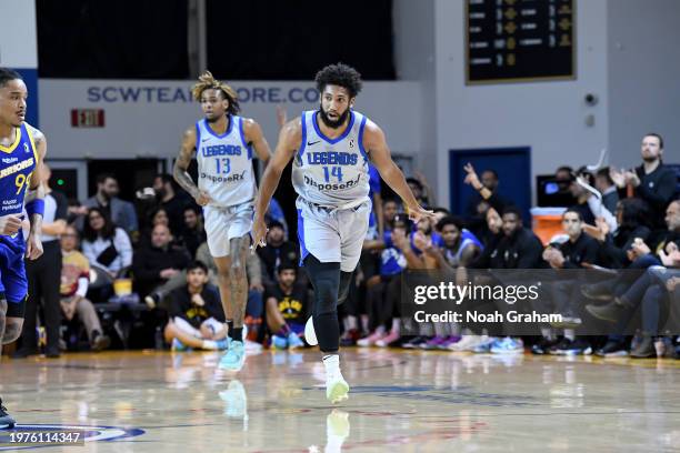 Tyler Hall of the Texas Legends celebrates after a basket against the Santa Cruz Warriors during the NBA G-League game on February 3, 2024 at the...