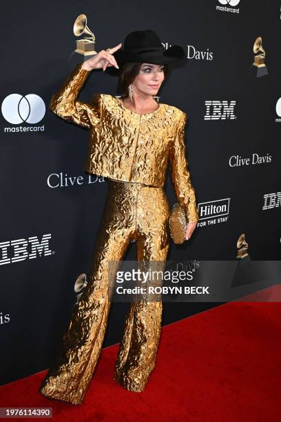 Singer Shania Twain arrives for the Recording Academy and Clive Davis' Salute To Industry Icons pre-Grammy gala at the Beverly Hilton hotel in...