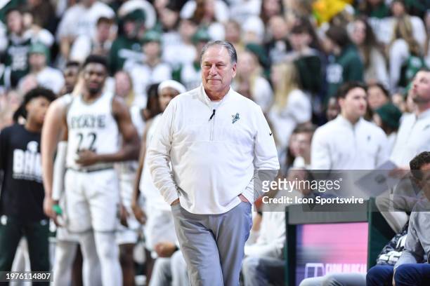 Michigan State Spartans head coach Tom Izzo shows a look of satisfaction during a college basketball game between the Michigan State Spartans and the...