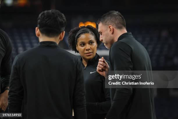 Head Coach Lindsey Harding of the Stockton Kings looks on during the game against the Austin Spurs on February 3, 2024 at the Sames Auto Arena in...