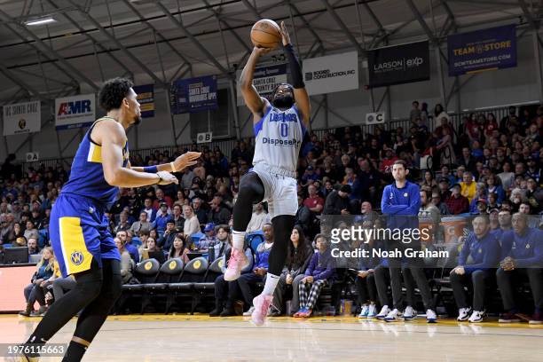 Mike Miles Jr. #0 of the Texas Legends puts up a shot against the Santa Cruz Warriors during the NBA G-League game on February 3, 2024 at the Kaiser...