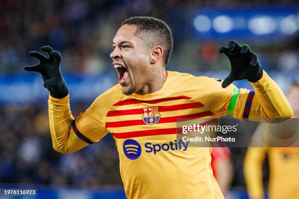 Victor Roque of FC Barcelona is celebrating his goal during the LaLiga EA Sports match between Deportivo Alaves and FC Barcelona at Estadio de...