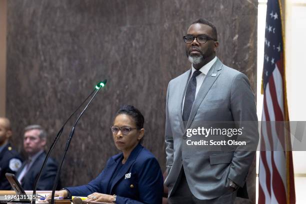 Mayor Brandon Johnson presides over a city council meeting as the Council discusses a symbolic resolution calling for a cease-fire in the war between...