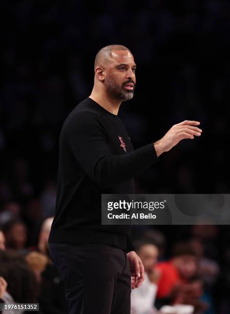 Houston Rockets head coach Ime Udoka looks on against the Brooklyn Nets during their game at Barclays Center on January 27, 2024 in New York City....