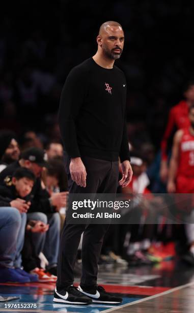 Houston Rockets head coach Ime Udoka looks on against the Brooklyn Nets during their game at Barclays Center on January 27, 2024 in New York City....